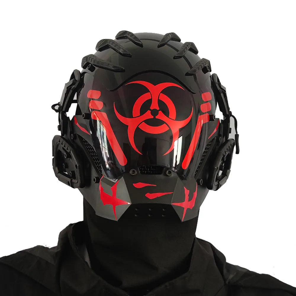 Black full-face sci-fi prop helmet with detailed bioweapon tech sculpted design