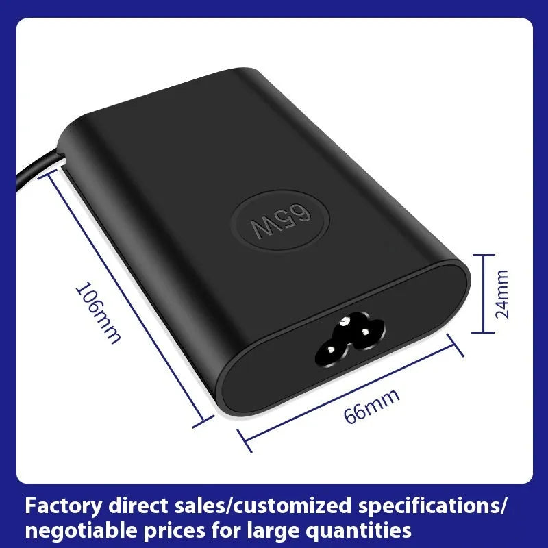Black oval 65W laptop Type-C charger with six interchangeable international power cords