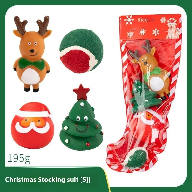Christmas vinyl dog chew toys gift sets with festive designs including trees, Santa heads, and bite ropes
