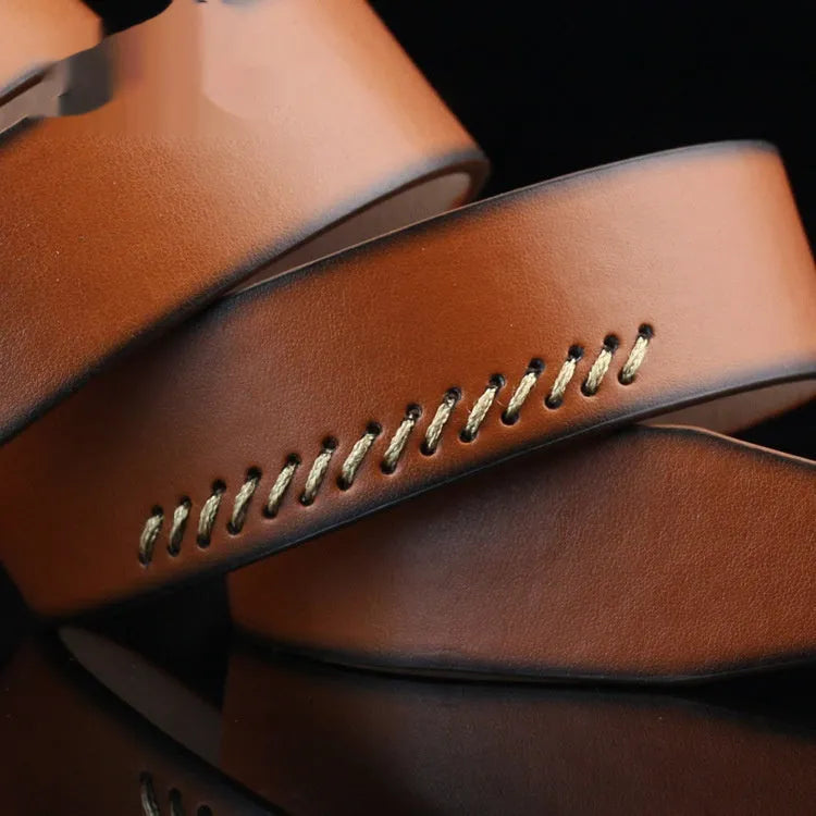 Men's threading pattern belt in black colour with alloy pin buckle fastening showing retro design detail