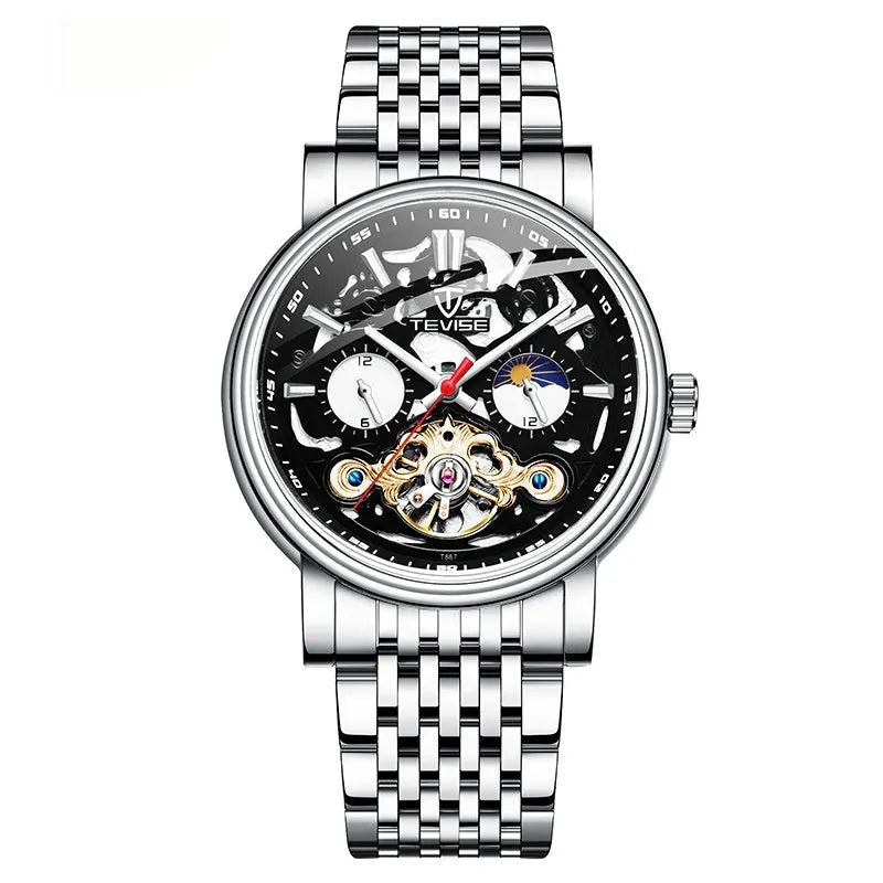 Men's tourbillon mechanical watch with waterproof case and luminous hands on black dial
