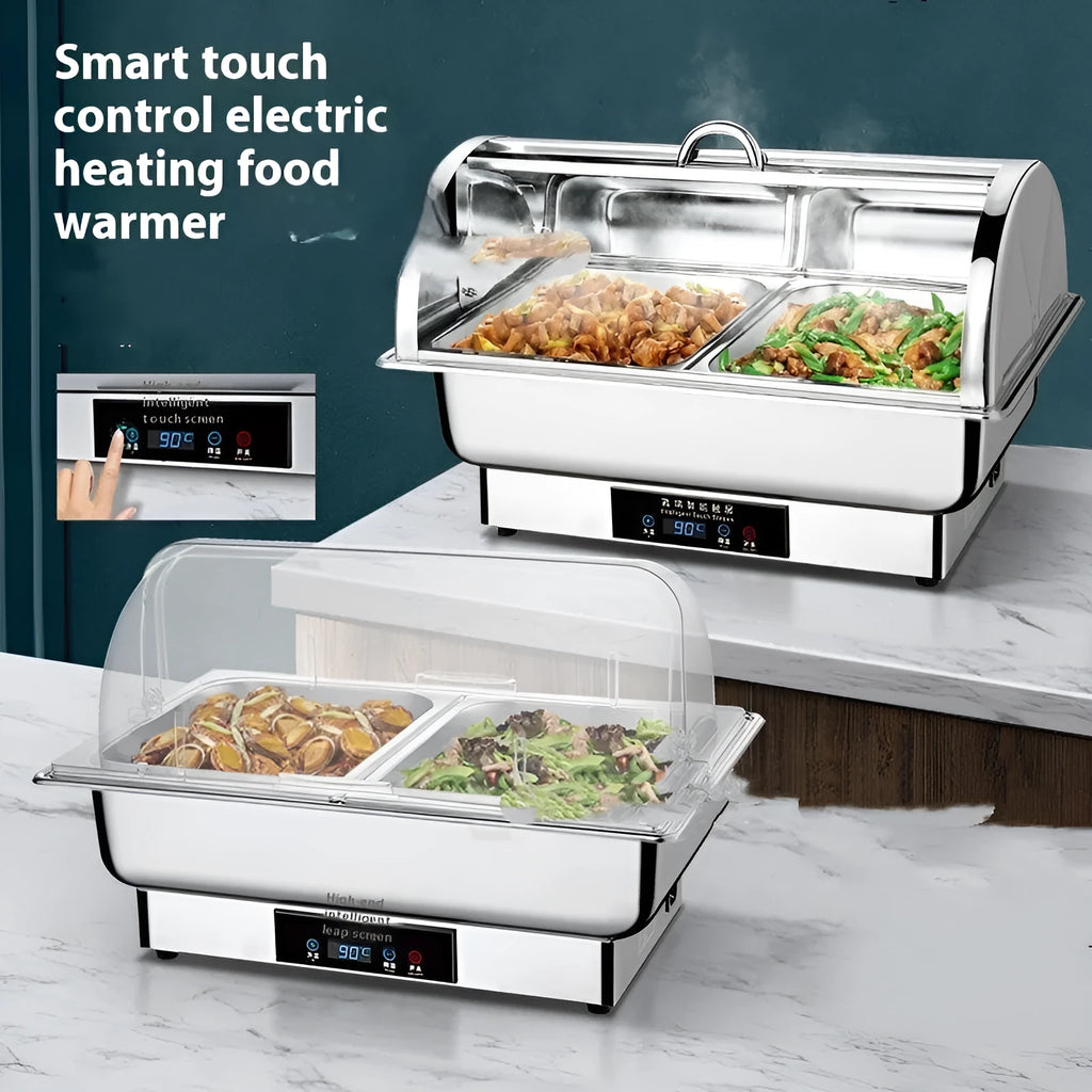 Stainless steel electric buffet food warmer with LCD screen and transparent heating element.