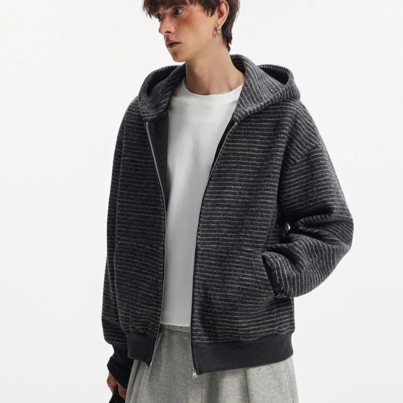 Hooded striped cardigan coat with zip front, long sleeves, loose unisex fit, apricot or black, sizes M to 2XL