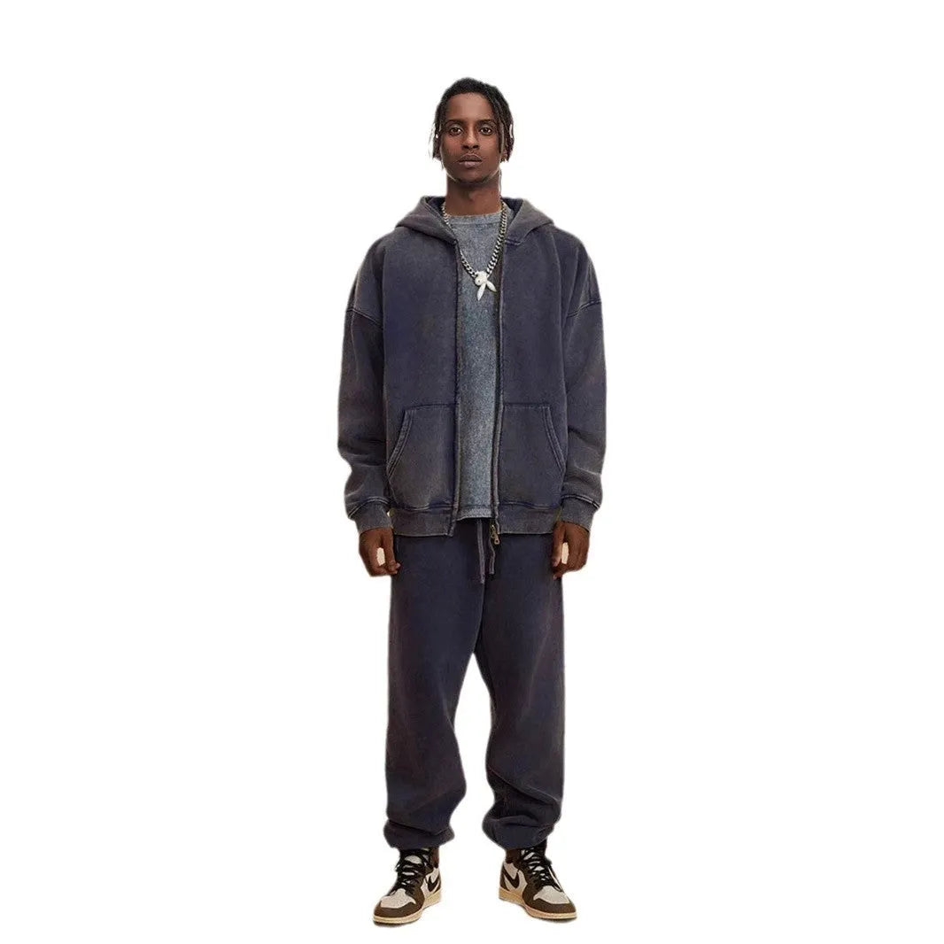 Men's washed cotton hooded cardigan sweater with fleece lining and a double zipper front.