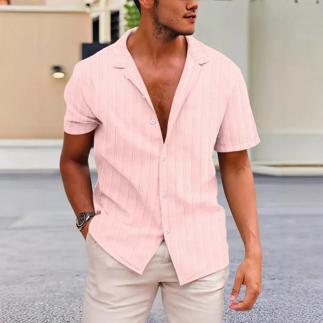 British style corduroy short sleeve shirt in solid colours on a hanger