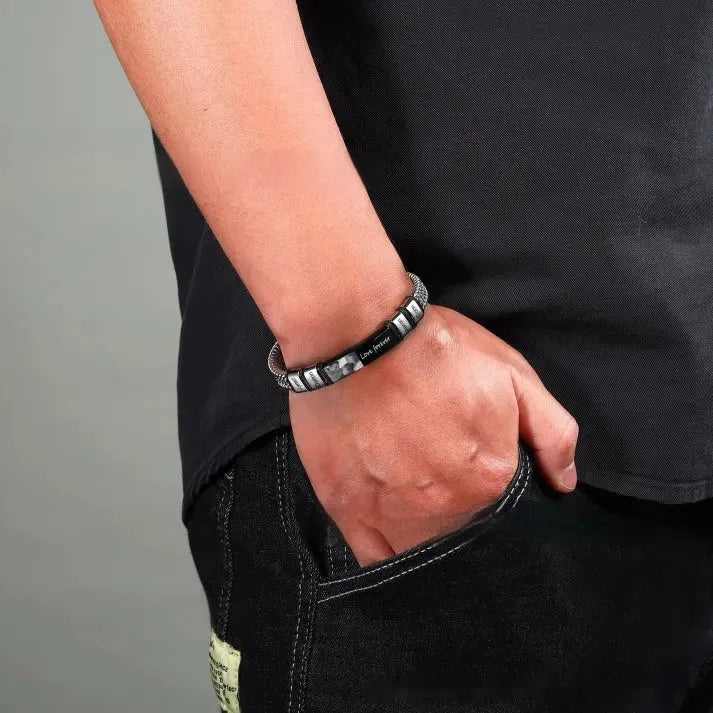 Unisex titanium steel lettering bracelet with leather rope and heart shape bead