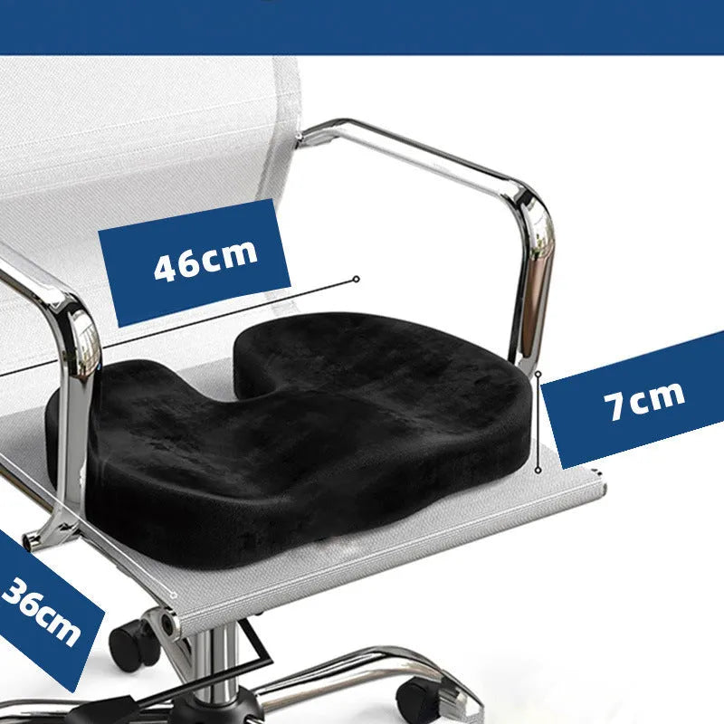 Black flannel U-shaped memory foam office seat cushion showing dimensions