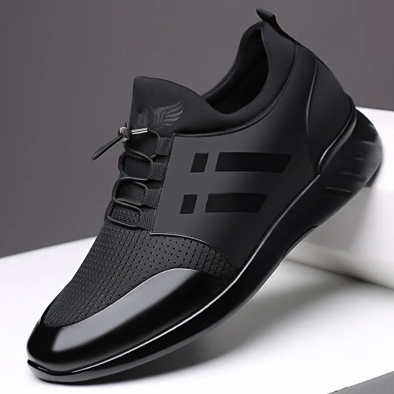 Men's black casual height increasing sneakers in leather, mesh, and Lycra options with low-top round toe design.