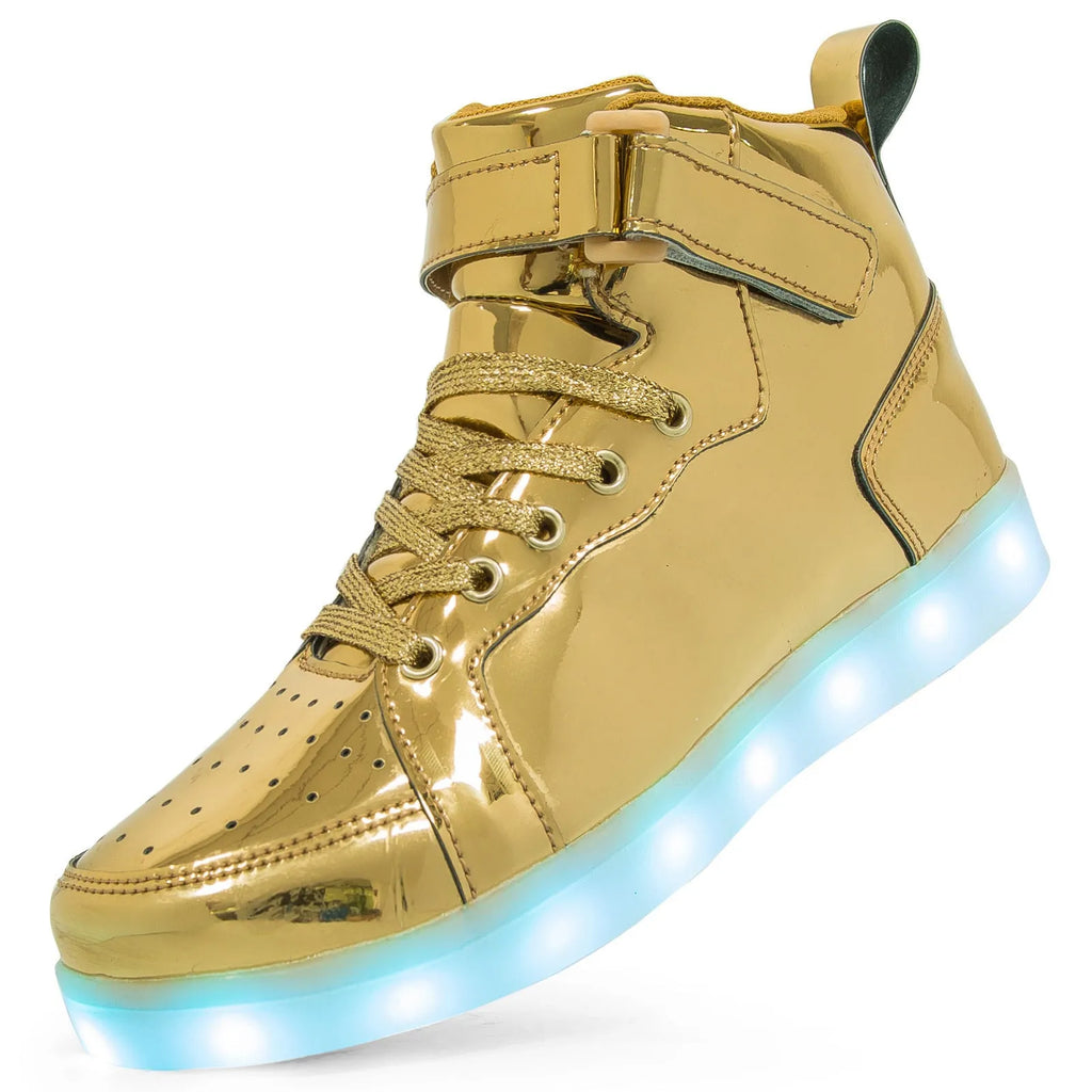 LED light-up high-top dance shoes in black with velcro straps and glowing soles.