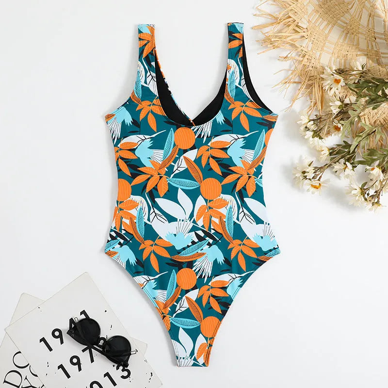 Women's high waist one-piece bikini with printed pattern in polyester and nylon swimwear fabric