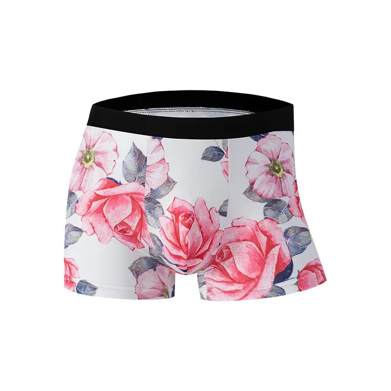 Men's ice silk underwear with fashion printing showing mid waist design and breathable polyester fabric