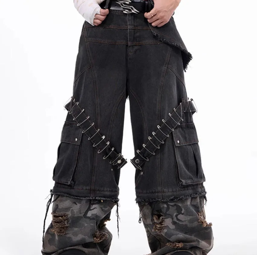 Grey camouflage men's jeans with panel splicing construction and ribbon detailing.