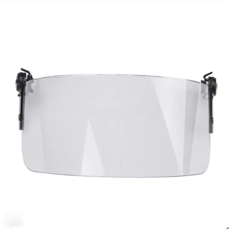 Transparent polycarbonate helmet face shield with semi-rimless frame, shown from front.