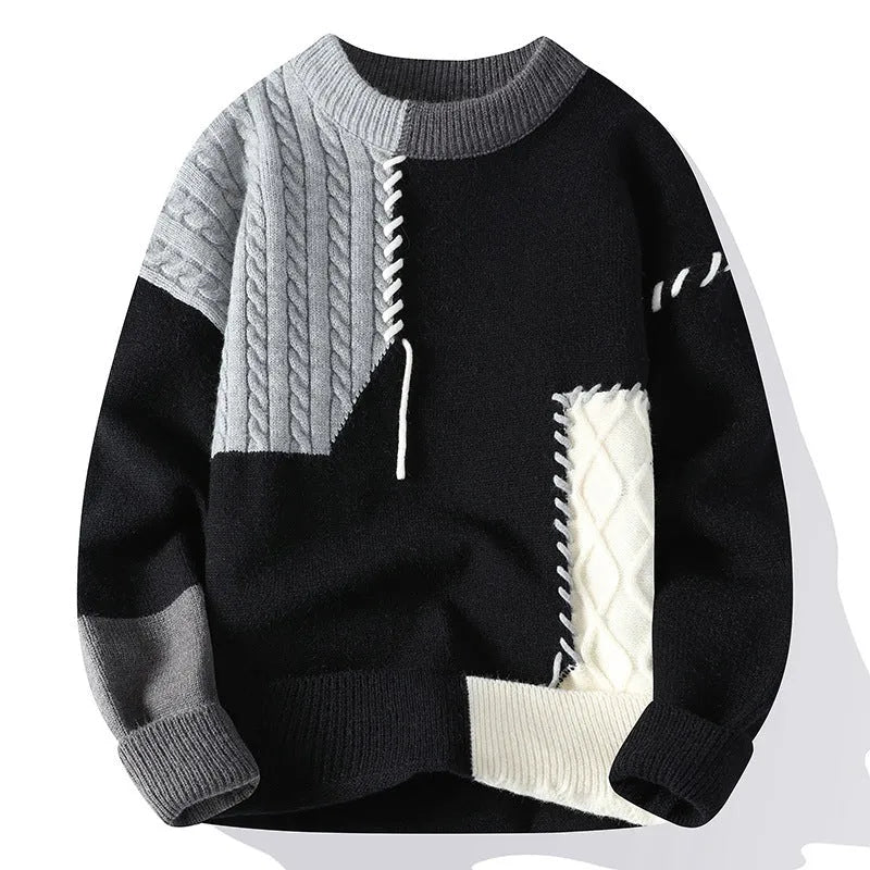 Men's colourblock pullover sweater in green, orange, or grey, long sleeve, straight fit, sizes L to 4XL.