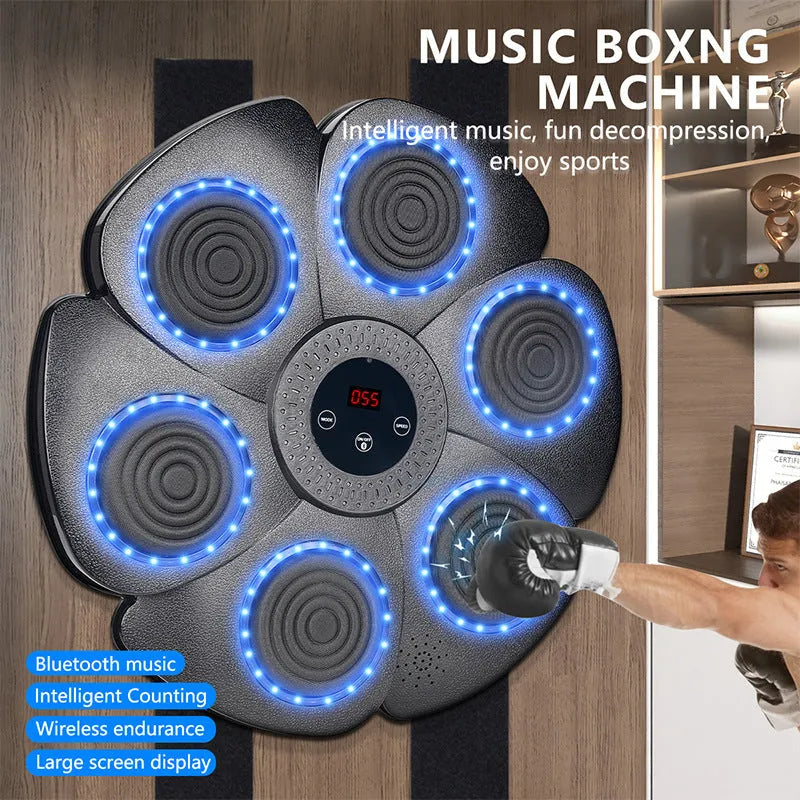 Black smart music boxing machine wall target with Bluetooth LED lights and half finger boxing gloves