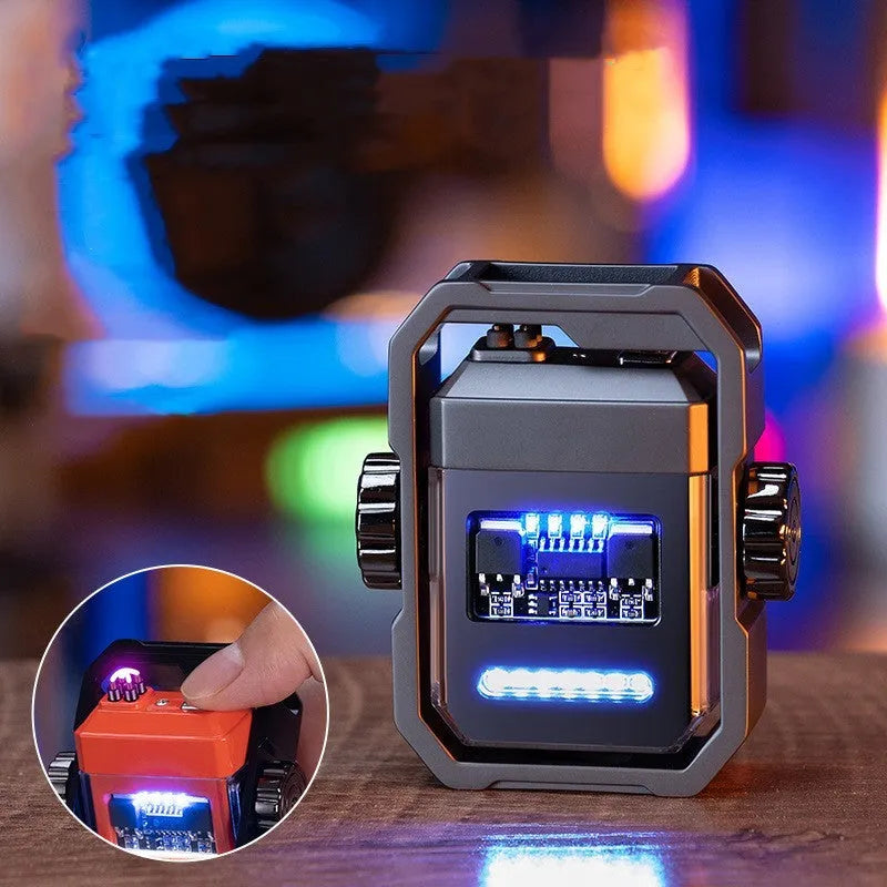 Blue zinc alloy double arc electric lighter with USB-C port and rotary gyroscope mechanism.