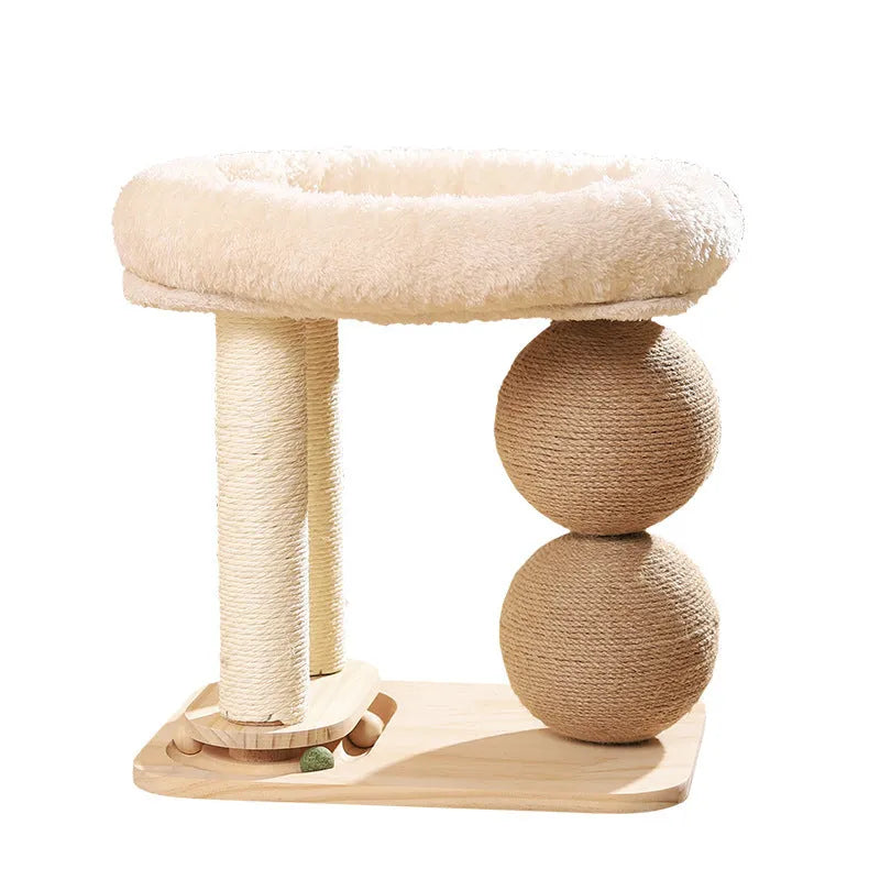 A simple pine wood cat nest with a sisal scratching ball on one side and a fabric summer mat on the other.