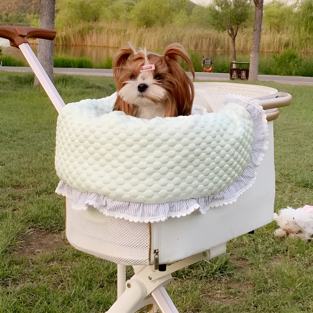 Pure cotton pet stroller accessory set showing removable towel, cushion and pillow in striped pattern