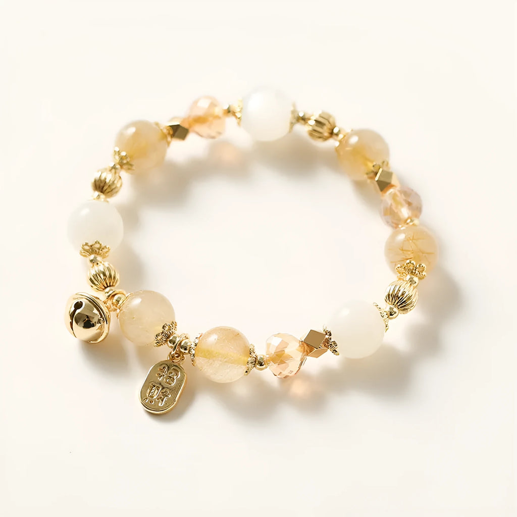Gold electroplated rutilated quartz crystal bracelet in Korean style with lucky fortune gold colour quartz beads
