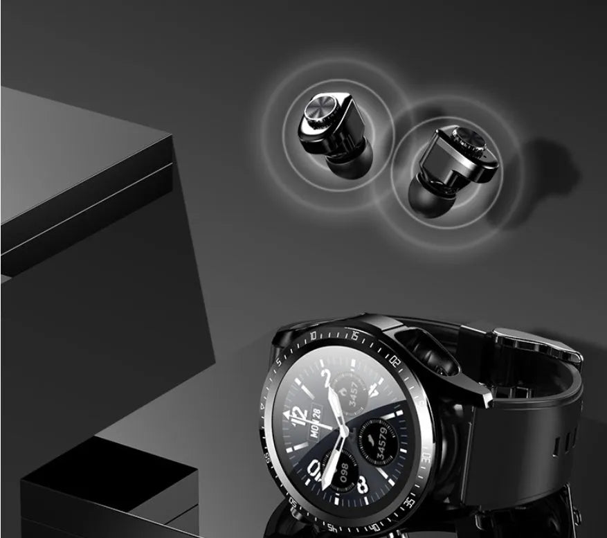 Black smart watch with health monitoring on a silicone wrist strap, showing its touch screen.