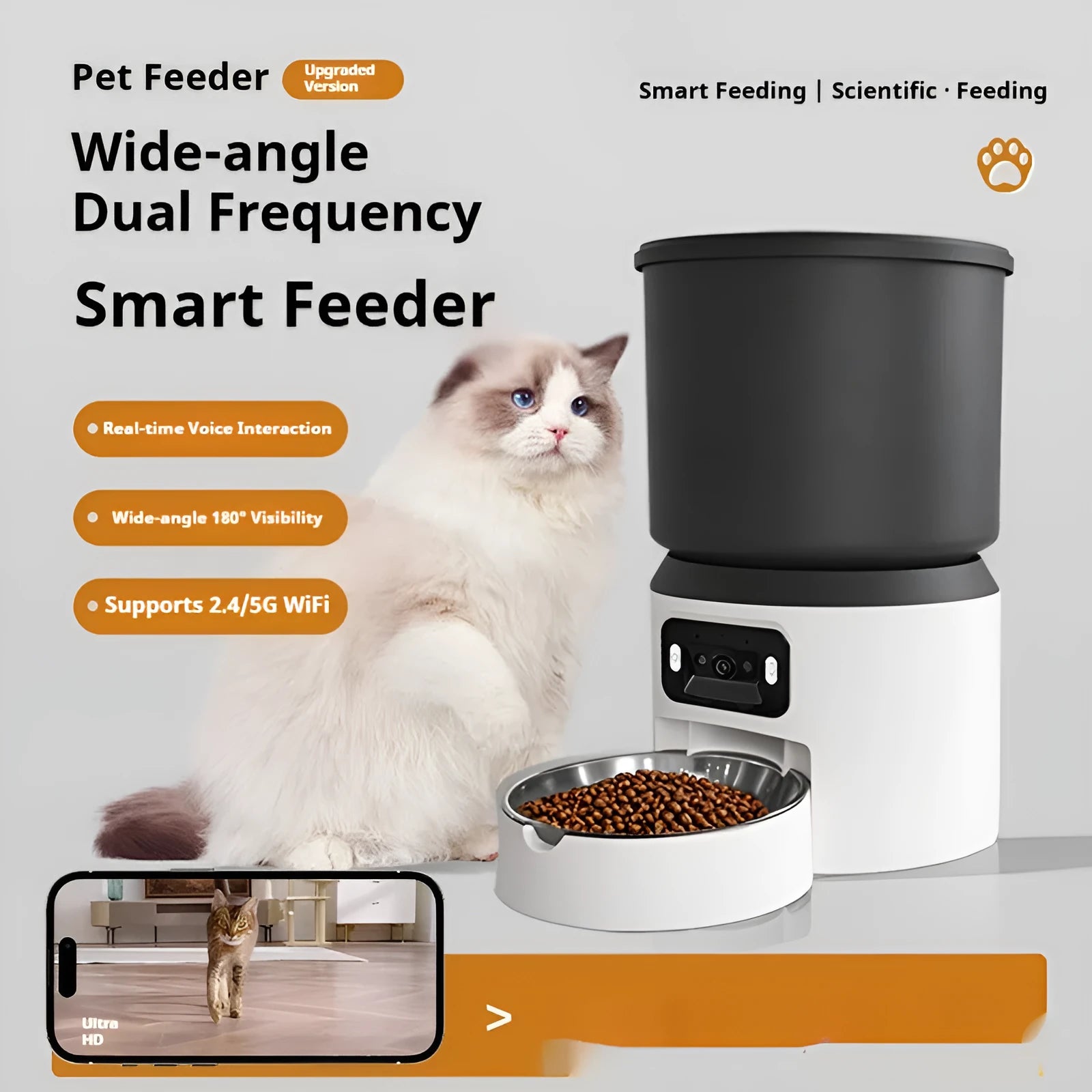 4-litre smart pet feeder with WiFi remote control and optional video camera for cats and dogs