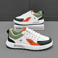 Men's white casual shoes with black trim and round toe design on artificial PU upper