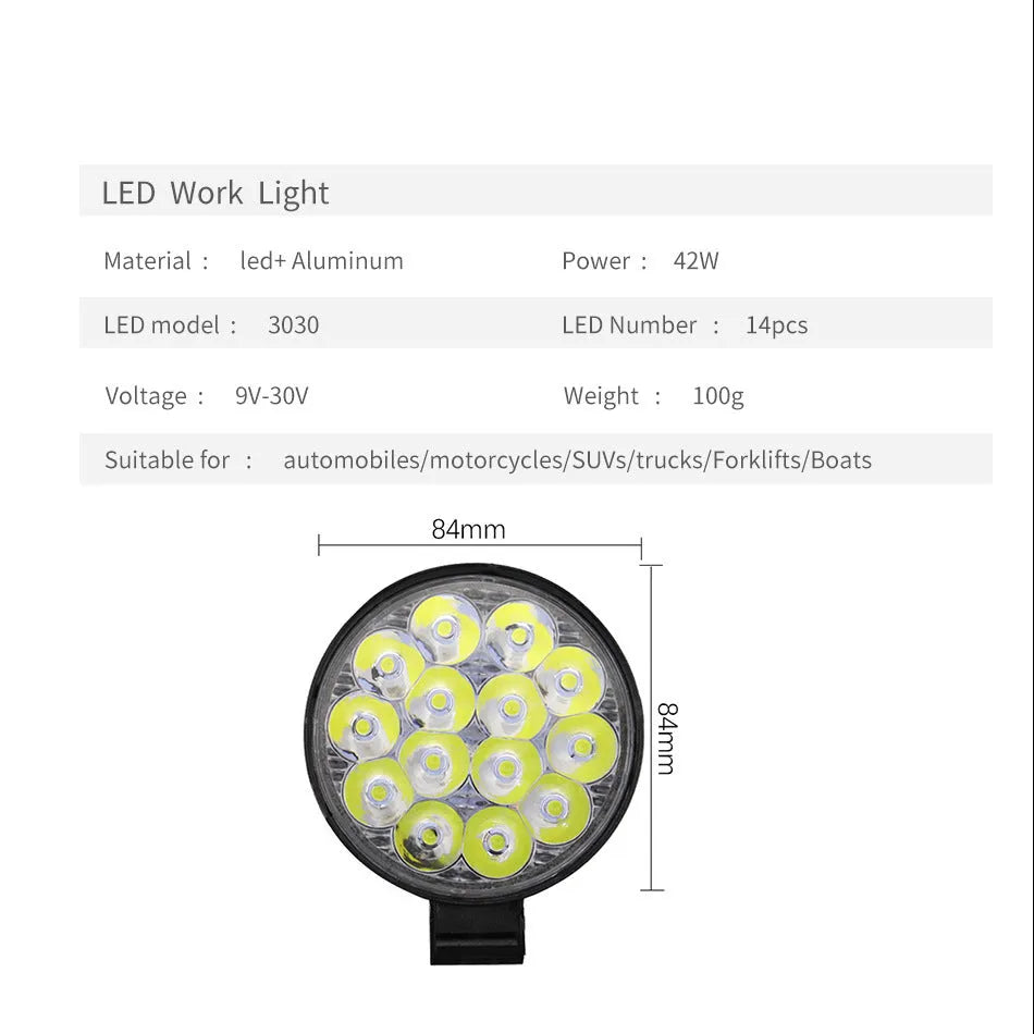 White LED car work light with aluminium housing and round design for automotive and marine applications