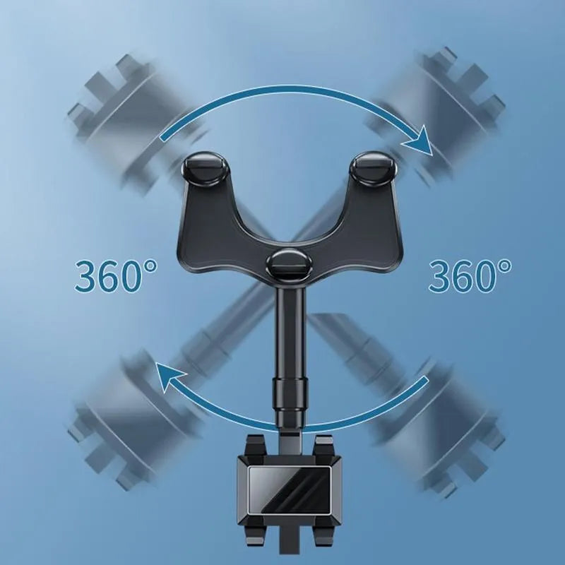 Black rearview mirror phone holder with 360-degree rotation mounted on car mirror holding mobile phone