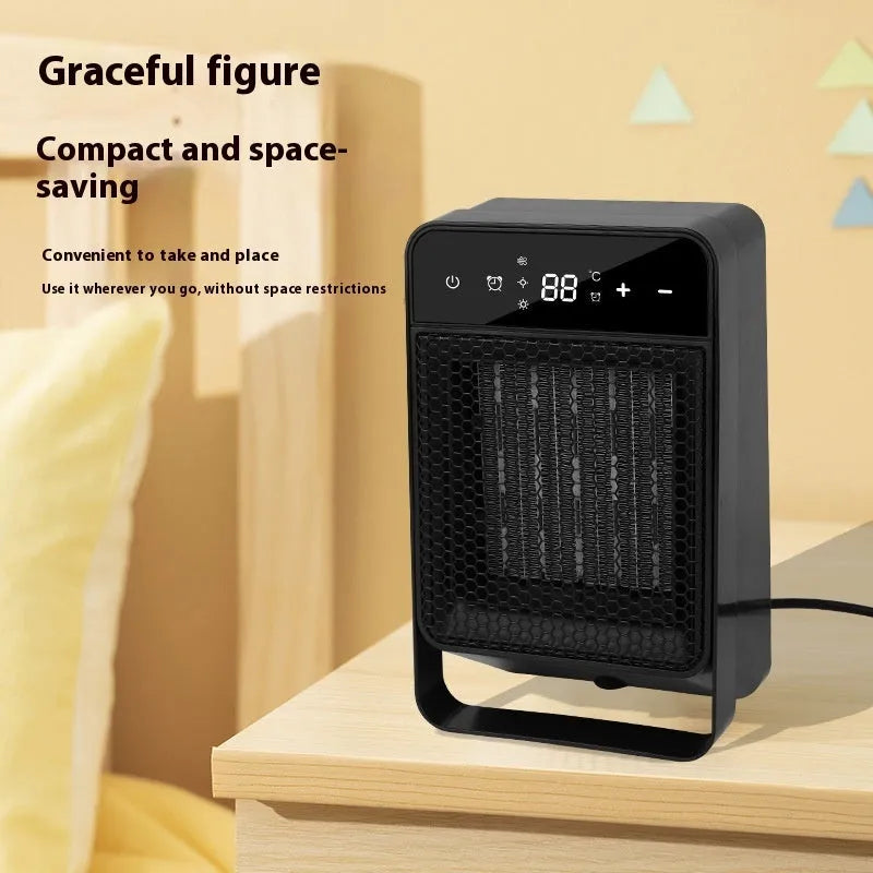 Black desktop electric heater with digital touch screen display and remote control on a wooden desk.