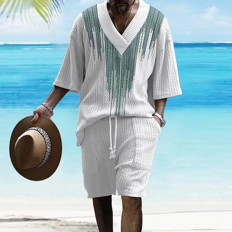 Men's grey printed knitted shorts suit with drop-shoulder short-sleeved top on a hanger.