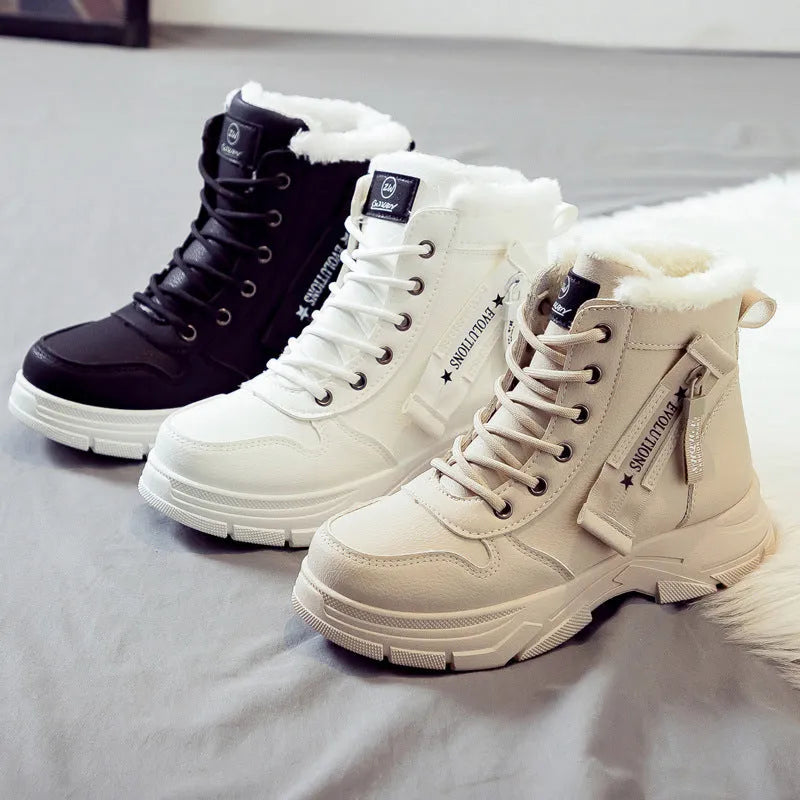 Women's plus size black snow boot with fleece lining and lace-up front on a rubber sole.