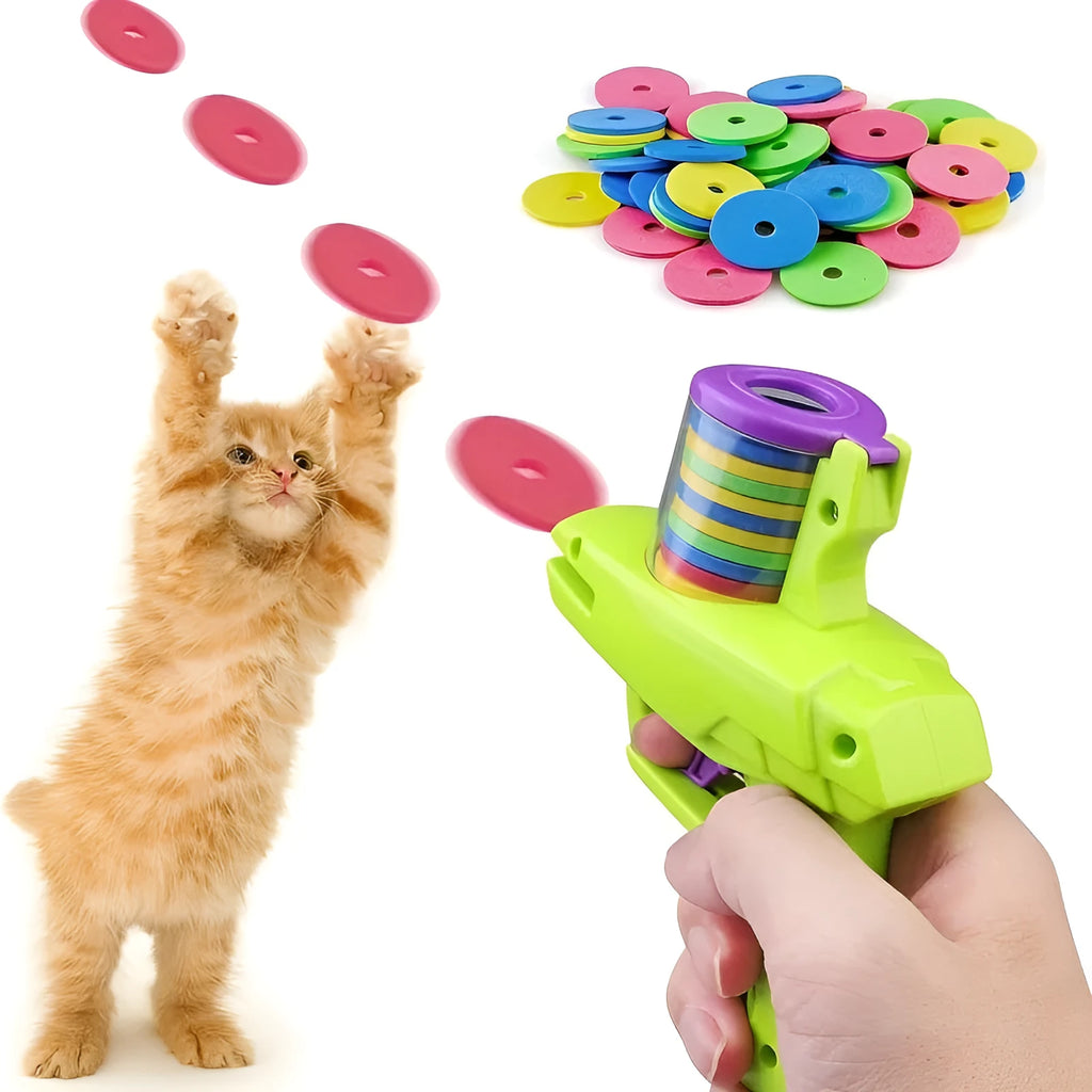 Green interactive cat toy launcher with three foam discs for battery-free feline play