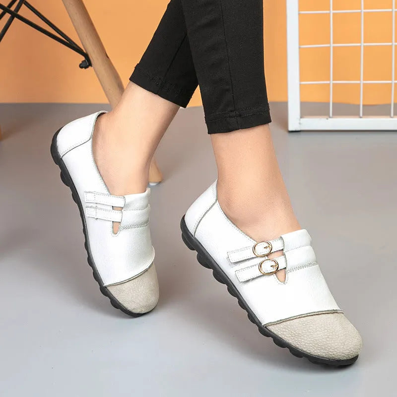 Button plus size casual low-top velcro shoes in black with round toe and cow split leather upper