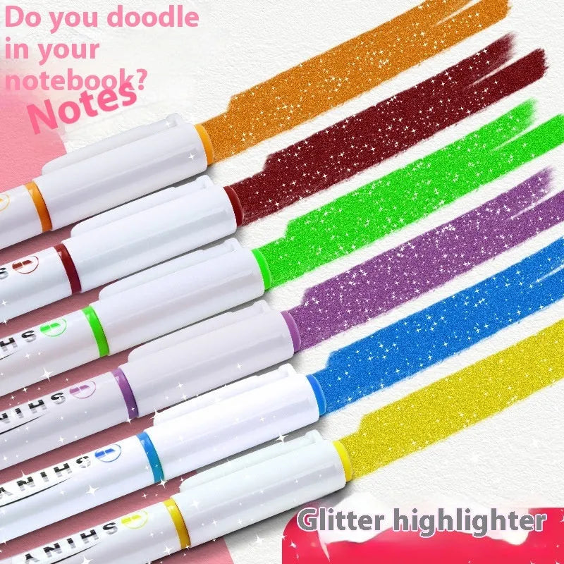 Set of four glitter highlighter pens with slanted tips in six colours including taro puff and peach blossom puff.
