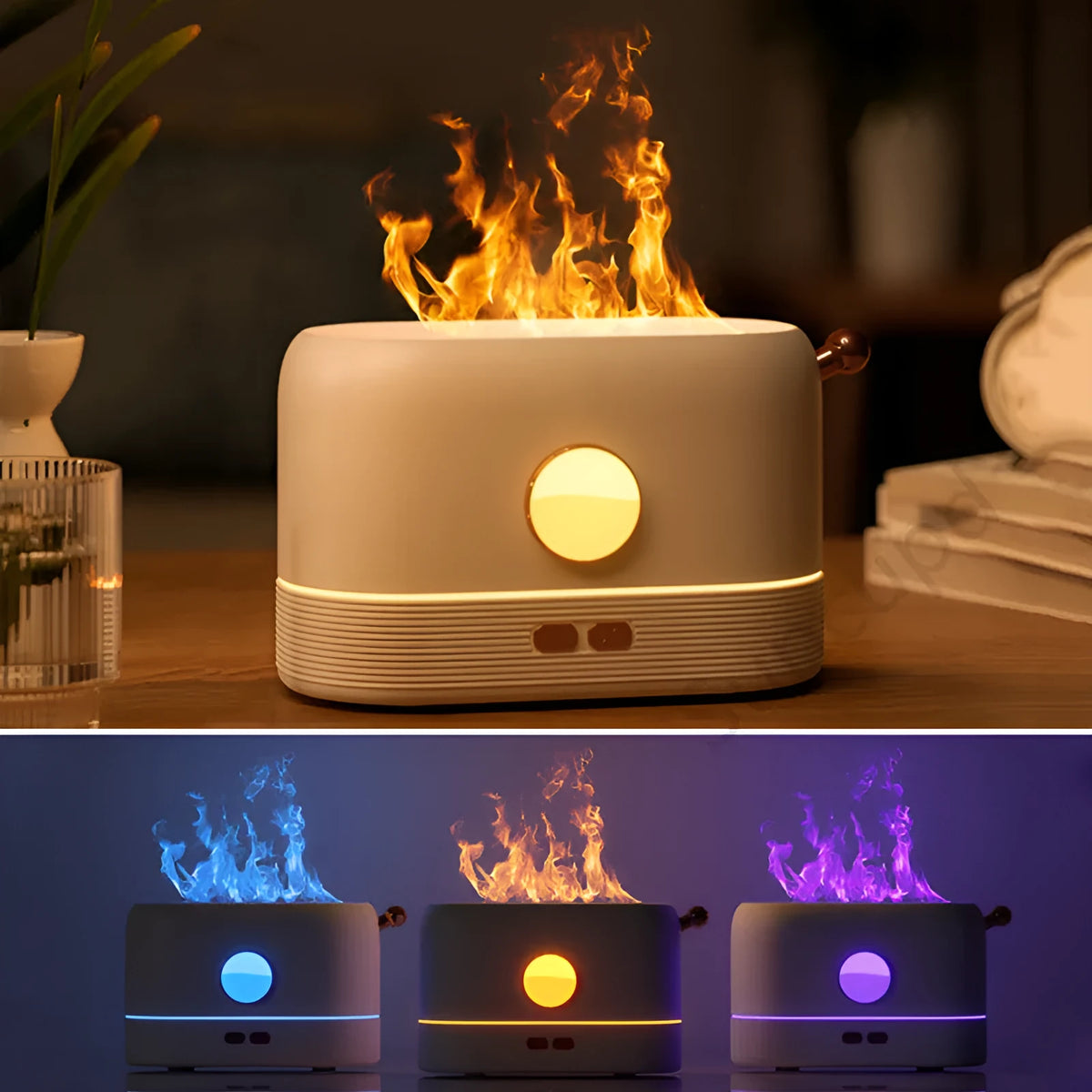 Black USB desktop humidifier diffuser with glowing simulated flame effect on a wooden table.