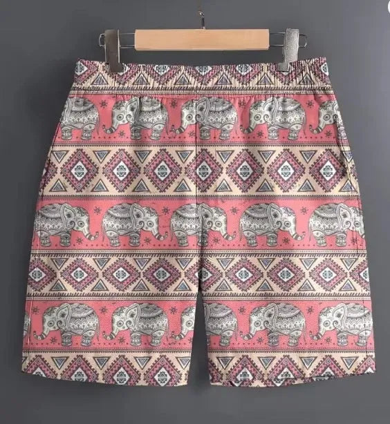 Men's casual polyester shorts in striped, plaid, and camouflage patterns for outdoor sports.