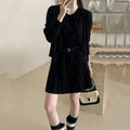 Women's art retro knitted two-piece set featuring a pleated vest skirt with 3D pattern and a long-sleeved cardigan.