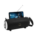 F666 portable fabric Bluetooth speaker with shoulder strap and mobile phone stand, shown in black, blue, camouflage, or red.