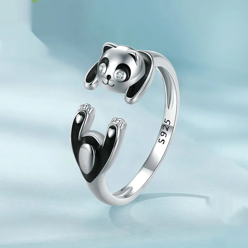 Adjustable panda open ring bracelet in sterling silver with white gold plating showing SCR969-E colour