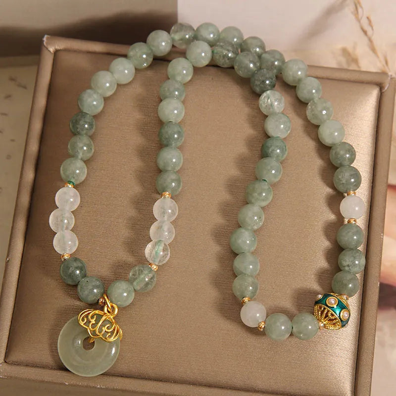 Women's oil green double-layer jade bracelet with safety buckle and crystal rhinestone details