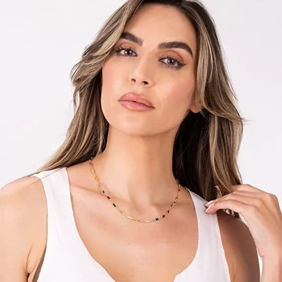 Ladies geometric crystal necklace with glass pendant on adjustable alloy chain
