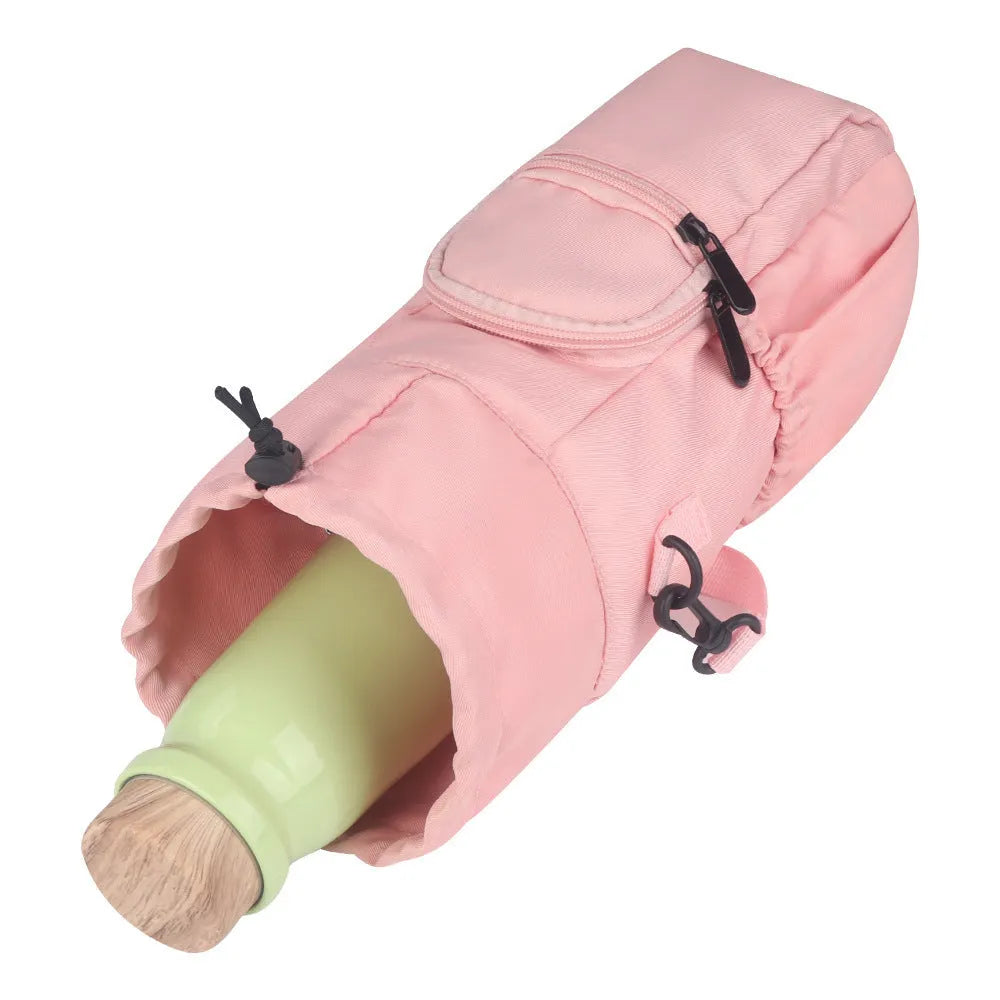 Cloth crossbody water bottle shoulder pouch in black, green, or pink.