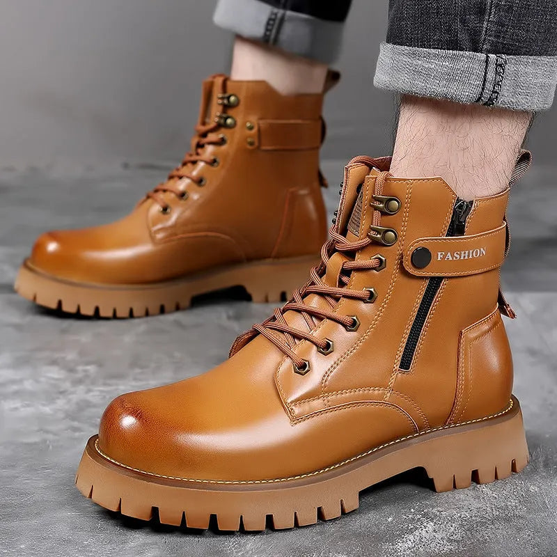 Men's thick-soled high-top Martin boots with side zipper in light brown colour showing cowhide upper and stitching detail