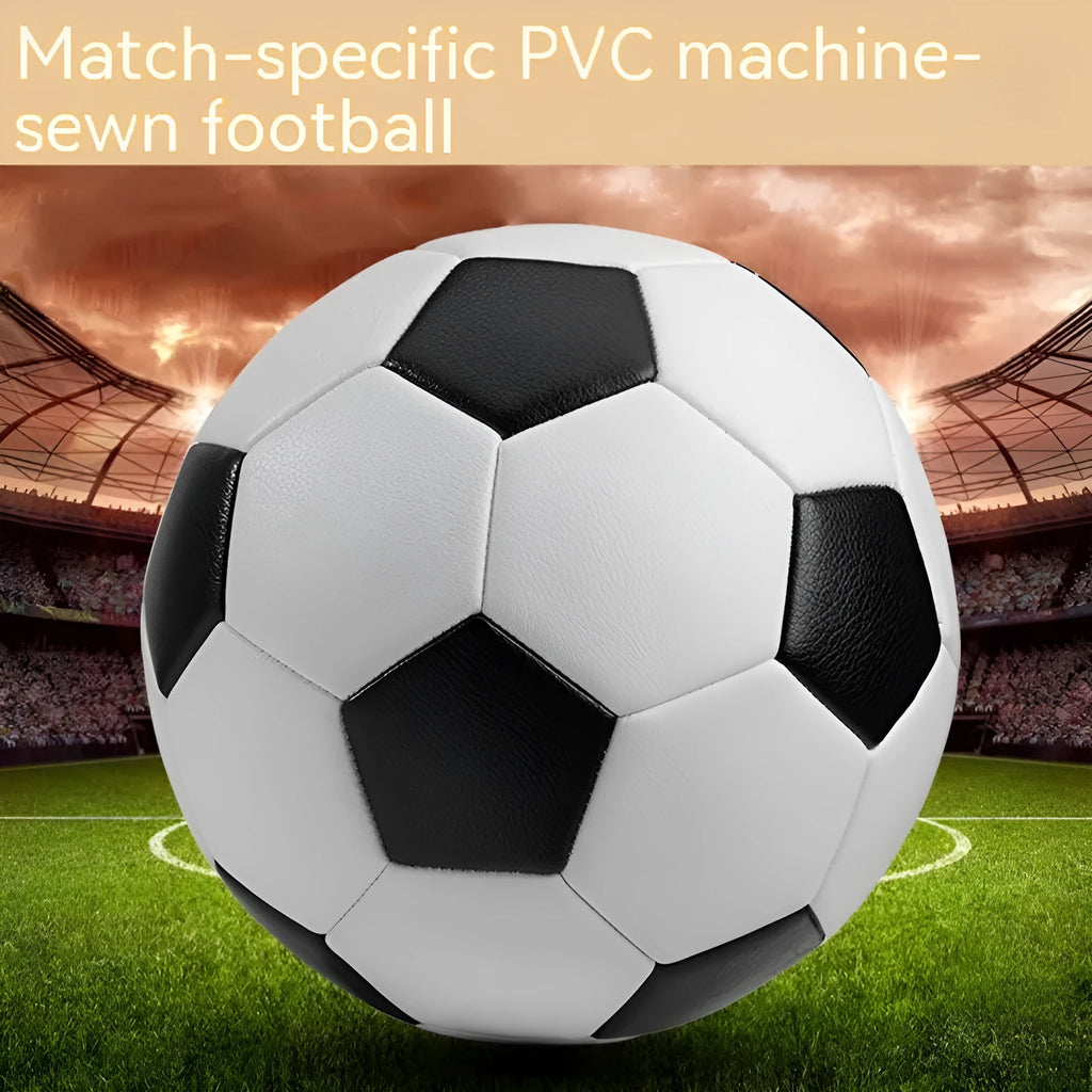 Machine-seam PVC football in sizes 3, 4, and 5 shown in various colours including red, blue, and black/white patterns.