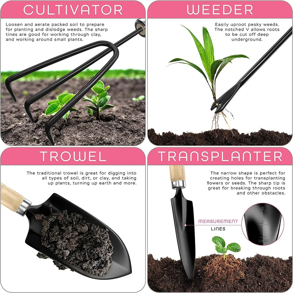 Set of eight stainless steel gardening hand tools including a trowel, weeder, and cultivator on a surface.