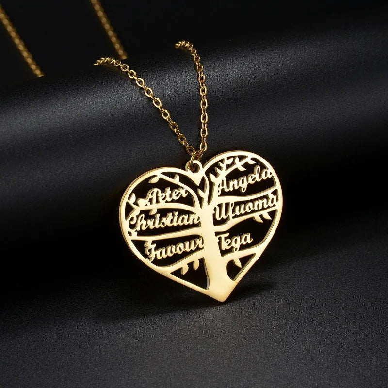 Custom stainless steel name necklace with hollow heart and tree pendant on an adjustable chain in silver tone
