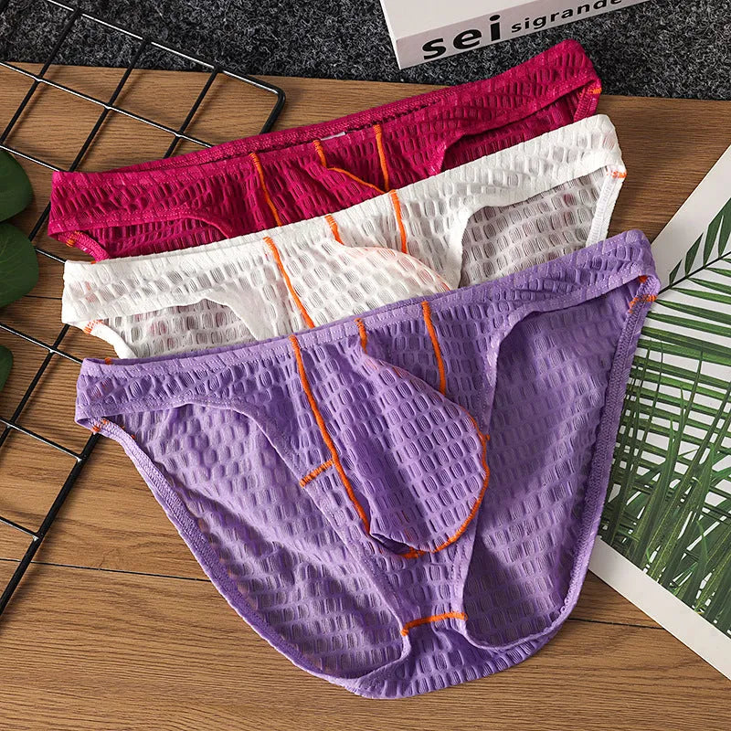Men's ice silk lace low waist briefs on a white background, shown in multiple colour options.