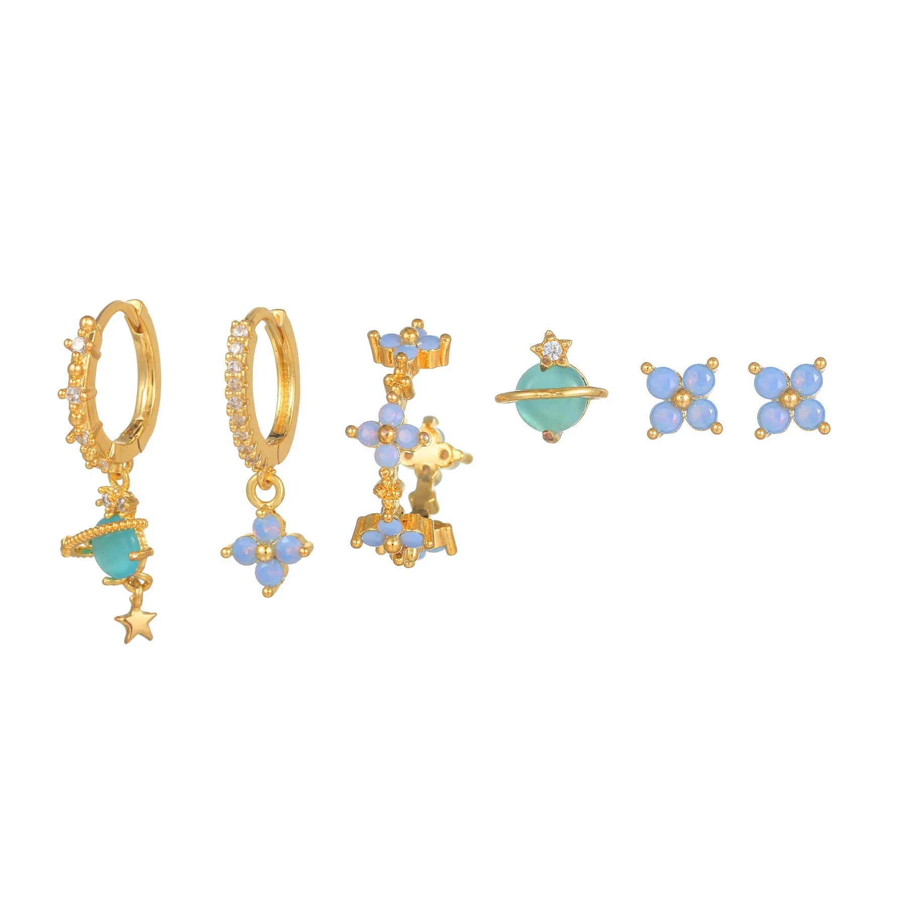 Japanese Korean style flower ear studs with zircon mosaic on copper in gold and silver colours