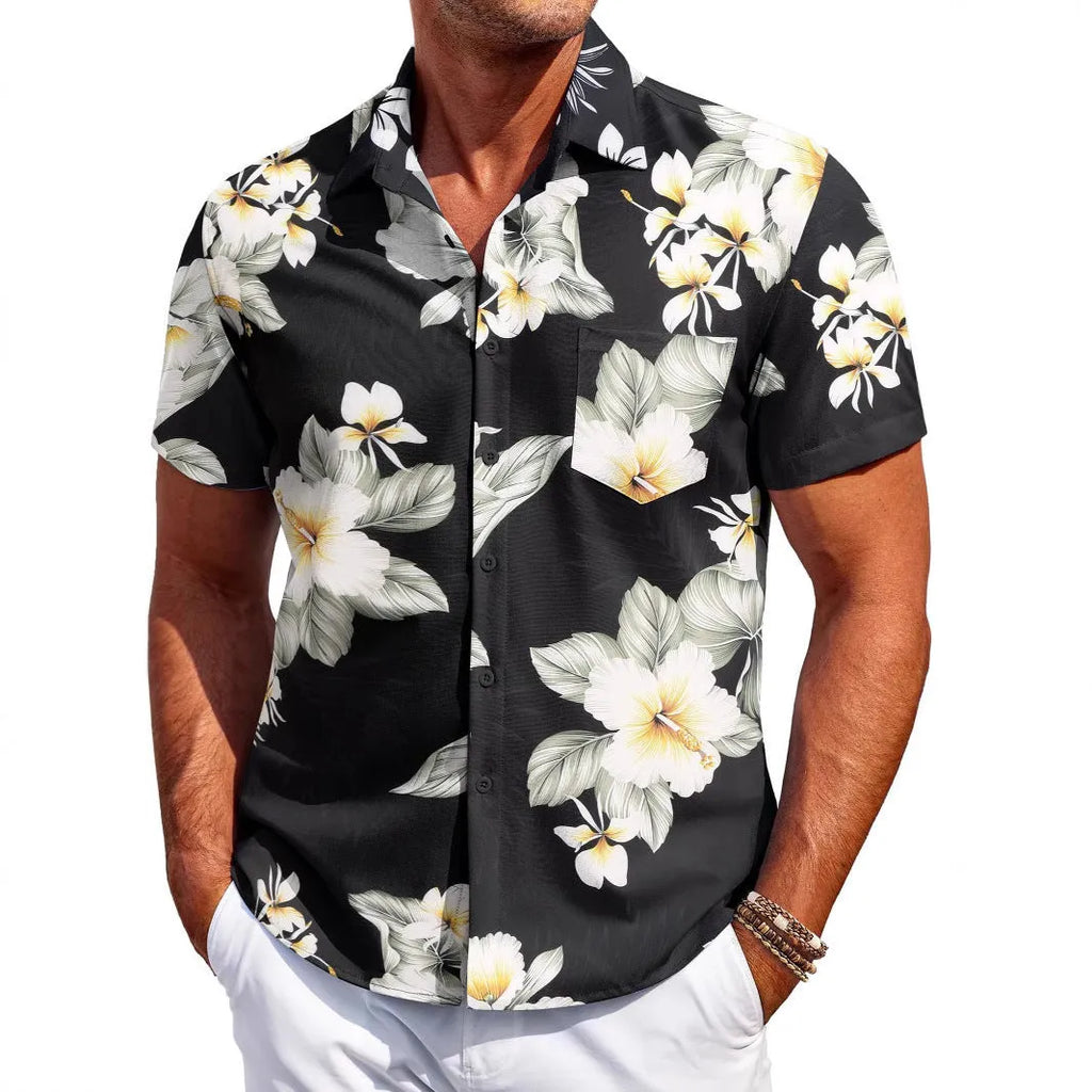 Men's slim fit Hawaiian short sleeve shirt with button-up front and elastic polyester fabric