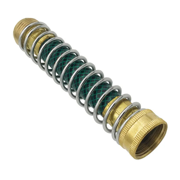 Brass garden hose connector with spiral spring anti-kink design, showing 3/4 inch threaded ends.